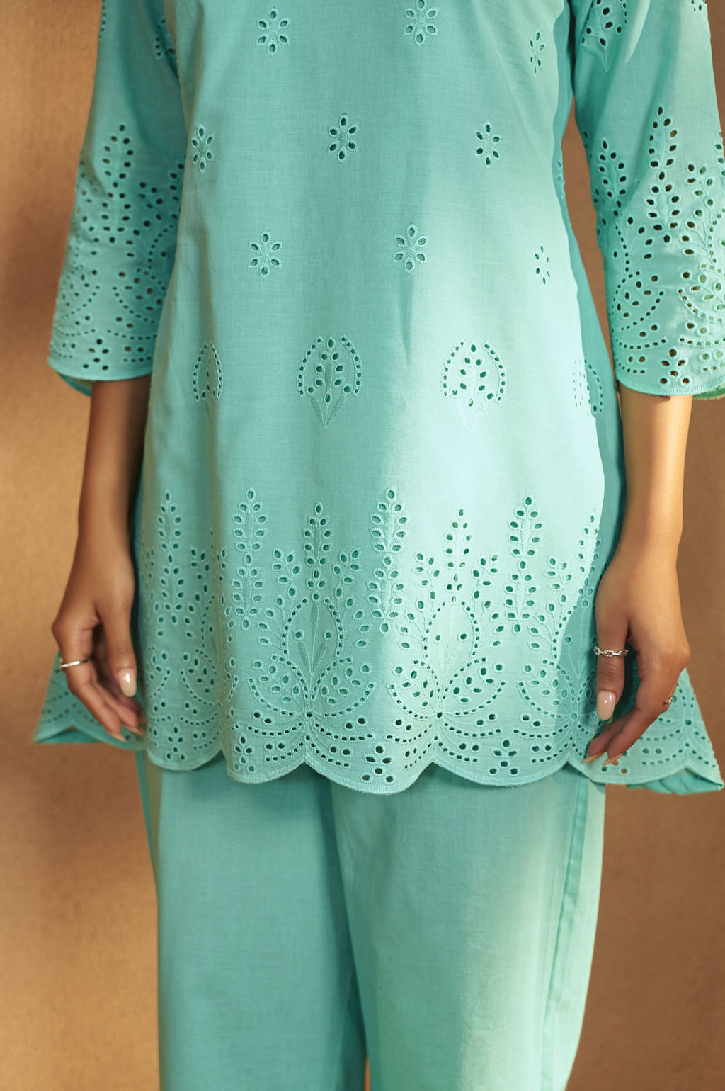Aqua Blue Schiffli Embroidered Cotton Kurta Set with Straight Pants