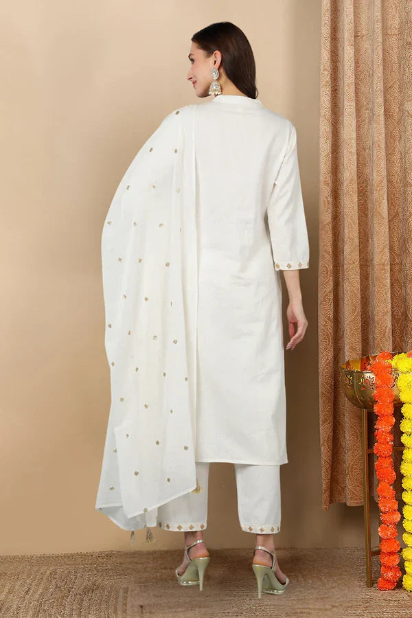 White Pure Cotton Ethnic Motifs Straight Kurta Trousers With Dupatta