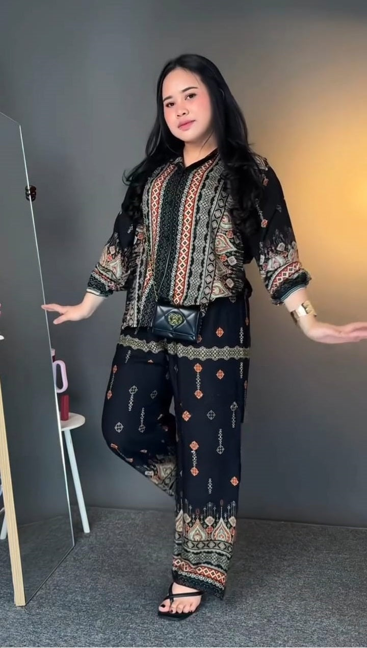 Black Ethnic Print Co-ord Set in Pure Viscose Rayon | Boho Lounge Wear