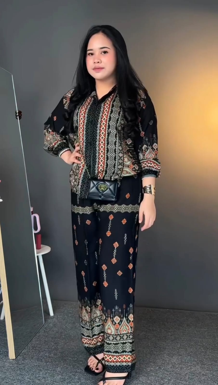 Black Ethnic Print Co-ord Set in Pure Viscose Rayon | Boho Lounge Wear