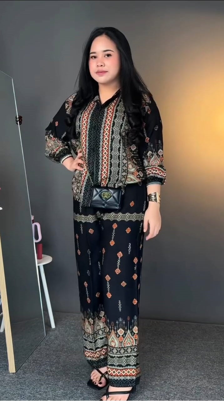 Black Ethnic Print Co-ord Set in Pure Viscose Rayon | Boho Lounge Wear
