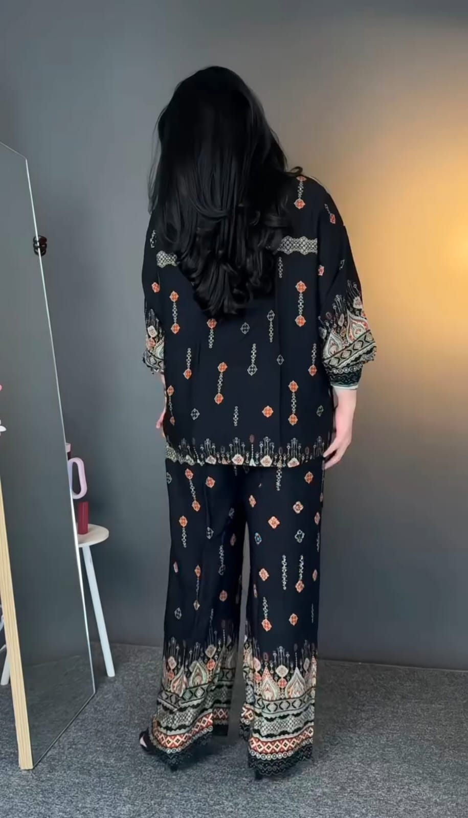 Black Ethnic Print Co-ord Set in Pure Viscose Rayon | Boho Lounge Wear