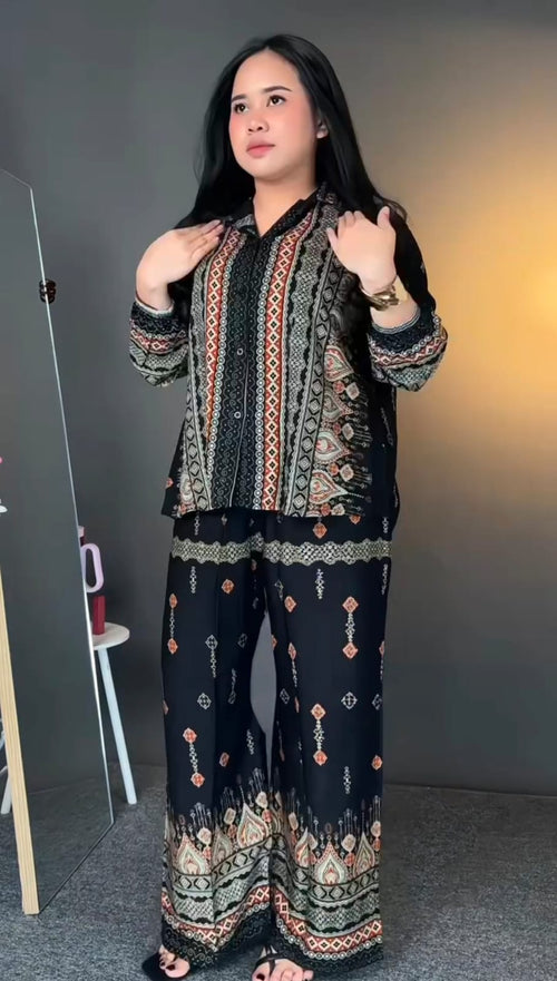 Black Ethnic Print Co-ord Set in Pure Viscose Rayon | Boho Lounge Wear