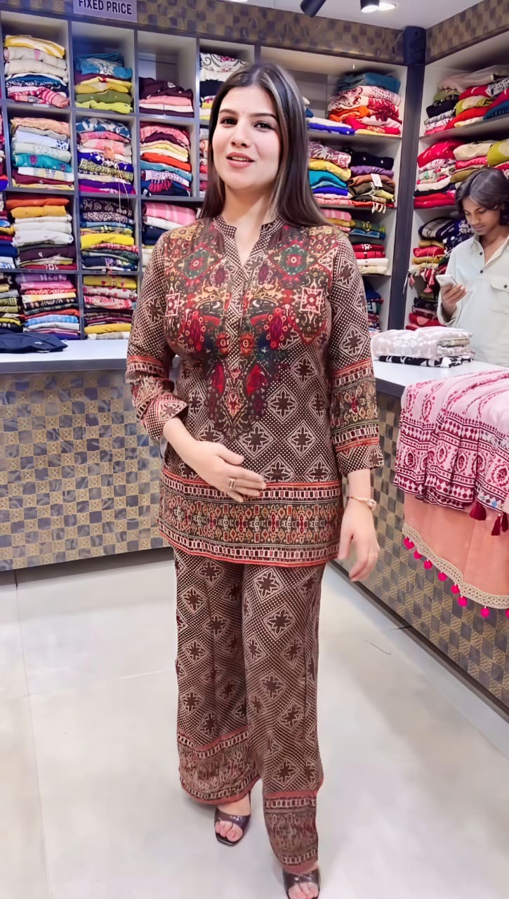 Women's Brown Printed Kurta & Wide-Leg Pant Set | Casual Ethnic Wear