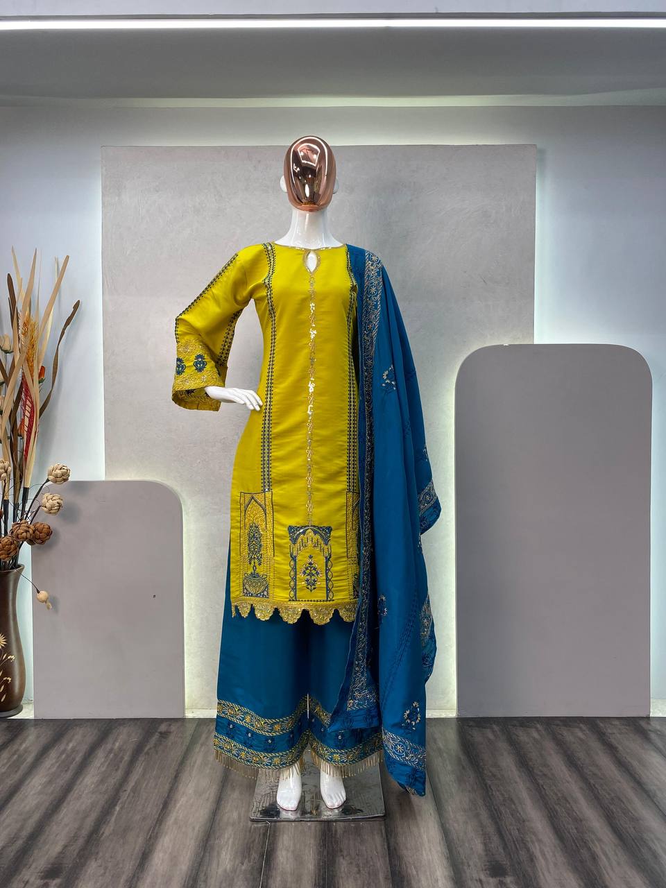 Silk Blend Purple Embroidered Straight Kurta Pant With Dupatta