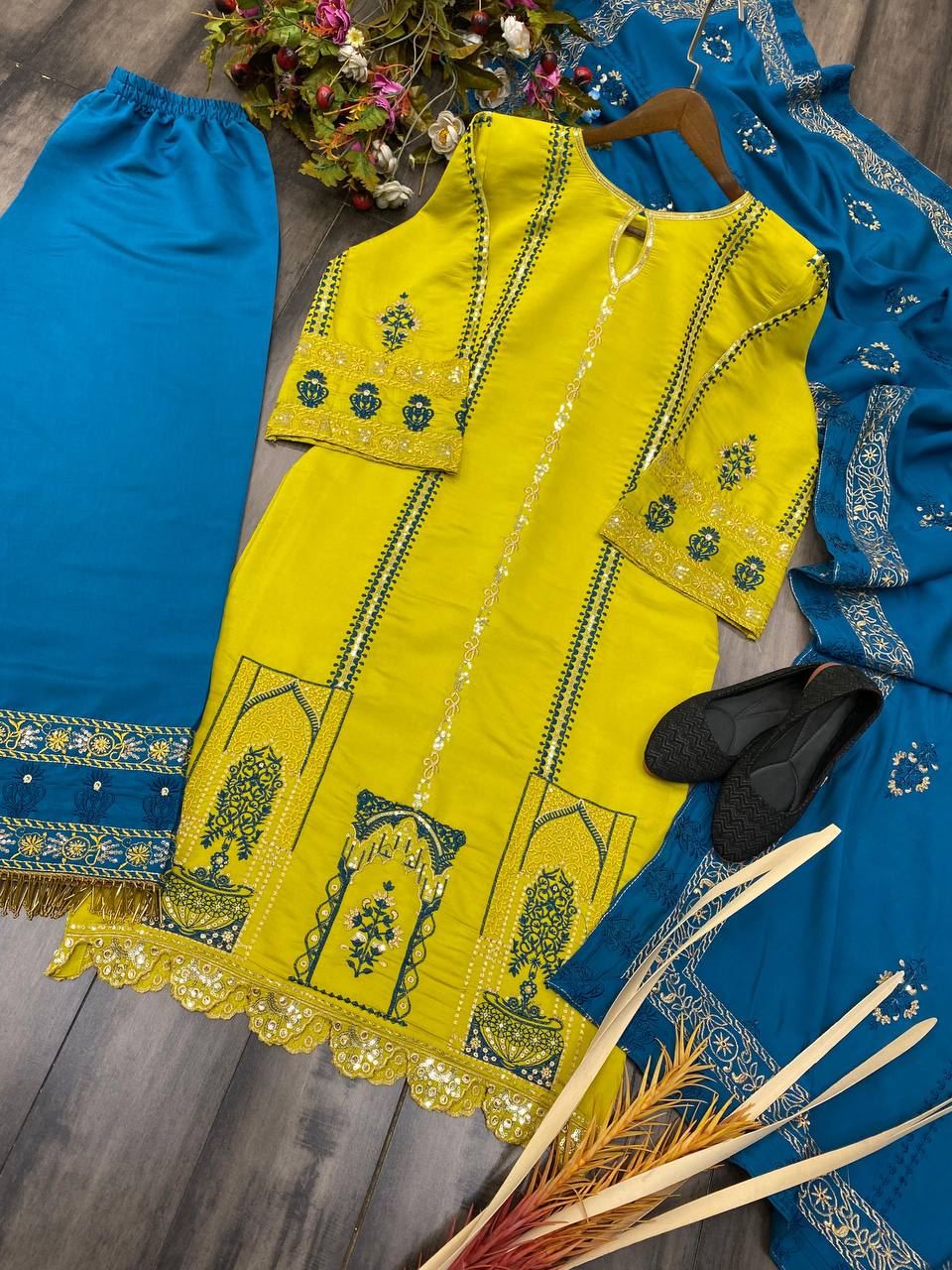 Silk Blend Purple Embroidered Straight Kurta Pant With Dupatta